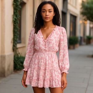 Homebody Pink Floral Ruffle Mini Dress Women’s Size M Long Sleeve Smocked Waist